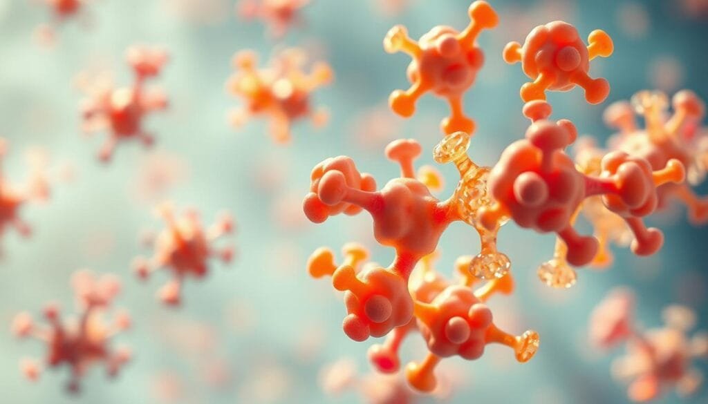 A striking macro-level view of digestive enzymes, captured in a vivid, high-resolution illustration. Colorful, organic enzymes float against a crisp, clinical background, their intricate structures and dynamic interactions meticulously rendered. Warm, natural lighting illuminates the scene, casting soft shadows and highlighting the enzymes' translucent, almost crystalline qualities. The composition emphasizes the enzymes' central role in the digestive process, conveying a sense of scientific wonder and the importance of these microscopic workhorses in maintaining optimal health and wellness.