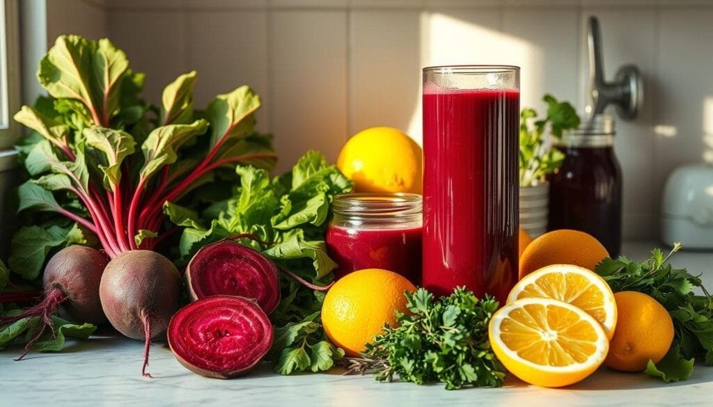 A sunlit kitchen counter showcases various ingredients for a beetroot juice recipe: freshly harvested beetroots, crisp leafy greens, zesty citrus fruits, and aromatic herbs. The lighting is warm and natural, casting a soft glow on the vibrant colors. The arrangement creates a visually appealing and inviting scene, highlighting the healthful properties of the ingredients and their potential for a nutritious liver-supporting juice. The composition emphasizes the simplicity and accessibility of the recipe, encouraging the viewer to envision themselves effortlessly preparing this wellness-boosting drink.