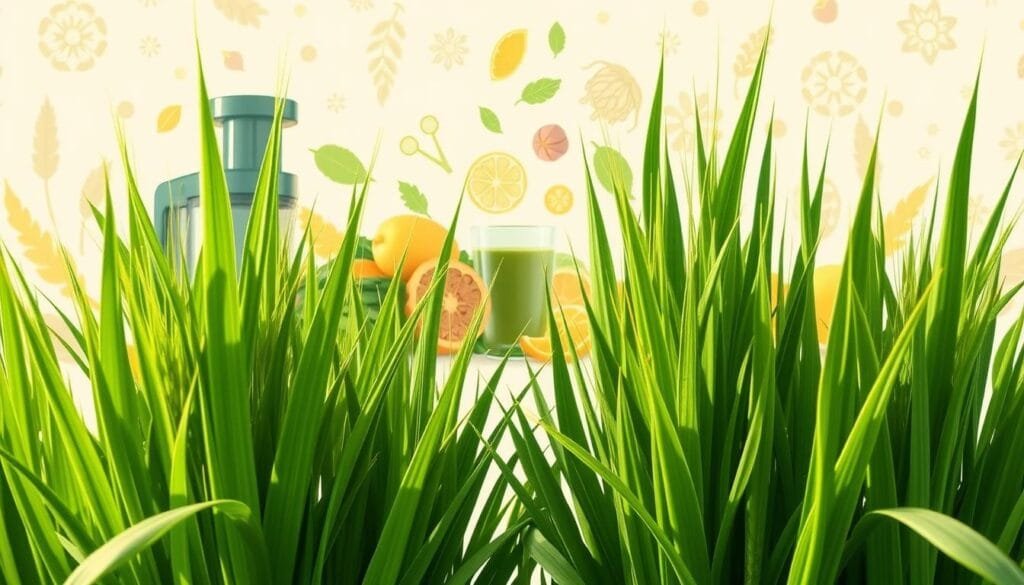 A vibrant and detailed illustration showcasing the health benefits of wheat grass and barley grass. In the foreground, crisp close-up shots of lush green wheat grass and barley grass stalks, their delicate blades glistening under soft, natural lighting. In the middle ground, an array of holistic health and wellness icons - a juicer, a glass of green juice, and various superfoods. In the background, a backdrop of soothing, earthy tones with subtle patterns and textures evoking a sense of nourishment and vitality. The overall composition conveys the synergistic relationship between these two nutrient-dense grasses and their positive impact on human health and well-being.