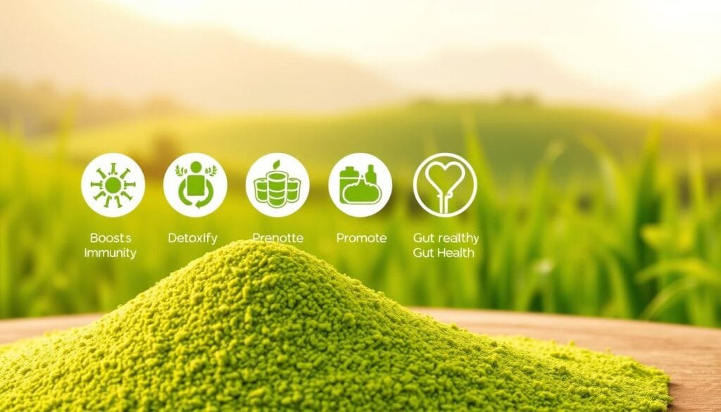 A vibrant and detailed illustration showcasing the key health benefits of barley grass powder. In the foreground, a close-up of the powder itself, with its rich green hue and fine texture. In the middle ground, a series of icons or symbols representing the core benefits, such as boosting immunity, detoxifying the body, and promoting gut health. The background features a serene, natural landscape with lush greenery, highlighting the organic and nutritious nature of barley grass. Soft, warm lighting bathes the scene, creating a soothing and inviting atmosphere. The overall composition conveys the holistic wellness and health advantages of incorporating barley grass powder into one's lifestyle.