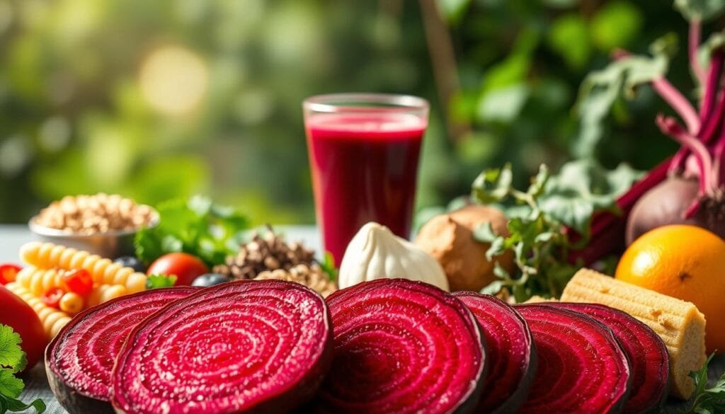 A vibrant and detailed image showcasing the digestive health benefits of beetroot. In the foreground, a close-up of a freshly sliced beetroot reveals its deep crimson hue and intricate texture. Surrounding it, an assortment of digestive-friendly foods such as probiotics, fibers, and anti-inflammatory ingredients highlight the synergistic relationship between beetroot and a healthy gut. In the middle ground, a glass of beetroot juice stands as a testament to the vegetable's versatility. The background features a serene, natural setting with lush greenery and soft, diffused lighting, creating a calming and wellness-focused atmosphere. The overall composition emphasizes the holistic approach to digestive wellbeing, with beetroot as the star player.