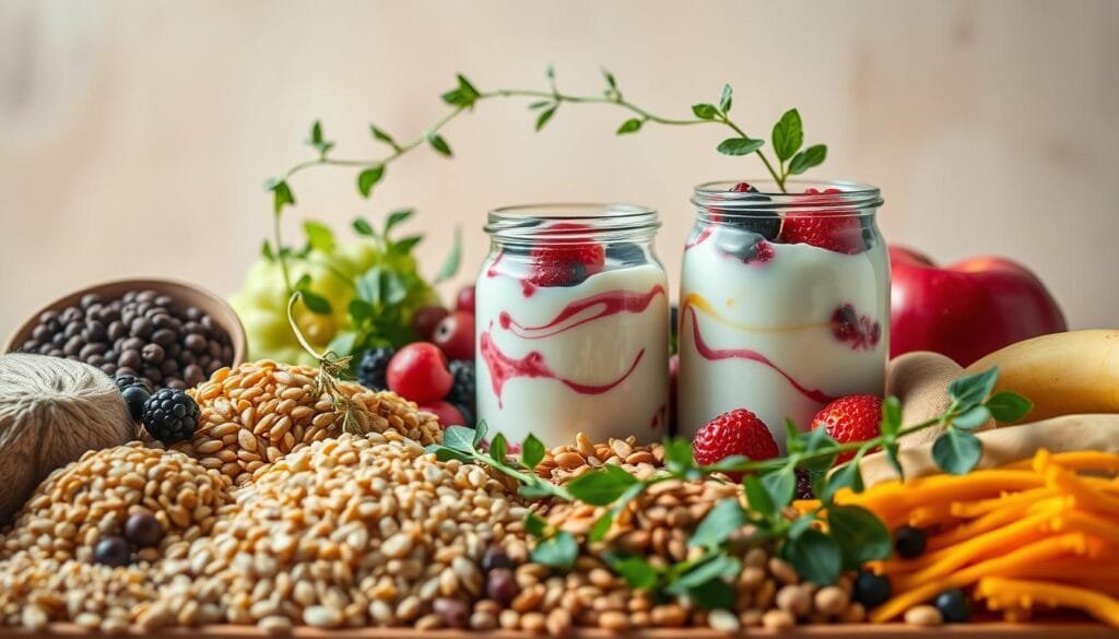 A vibrant and nourishing still life capturing the essence of gut health and fiber. In the foreground, an array of whole grains, legumes, and fresh produce, their colors and textures inviting the viewer to explore their nutritional bounty. In the middle ground, a glass jar filled with a probiotic-rich yogurt, its creamy surface dotted with swirls of fresh berries. Trailing across the scene, tendrils of leafy greens and aromatic herbs, symbolic of the rich microbial diversity that thrives in a well-nourished gut. Soft, diffused lighting from above casts a warm glow, lending an air of tranquility and wellness. The composition is balanced and harmonious, conveying the synergistic relationship between a fiber-rich diet and optimal gut health.