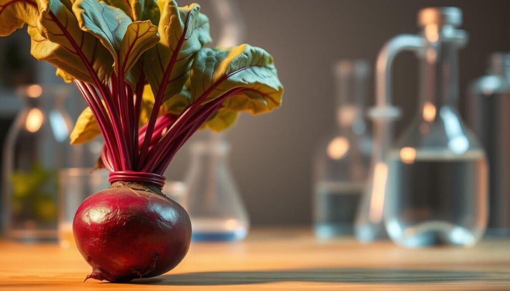 A vibrant beetroot, its deep crimson exterior shimmering under warm, diffused lighting. The vegetable stands prominently in the foreground, its sturdy leaves unfurling outward, hinting at its potential health benefits. In the middle ground, a soft, hazy backdrop of laboratory glassware and scientific instruments, alluding to the ongoing research into beetroot's anti-cancer properties. The overall scene exudes a sense of scientific curiosity and wellness, inviting the viewer to explore the deeper nutritional value of this humble root vegetable.