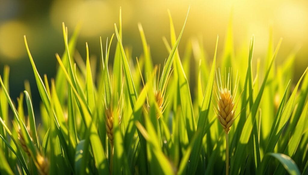 A vibrant, close-up illustration of flourishing barley grass blades, their lush green hues juxtaposed against a soft, out-of-focus background. The grass stalks radiate an internal energy, their cellular structures and immune-boosting properties highlighted through a detailed, scientific rendering. Warm, directional lighting casts gentle shadows, accentuating the textural nuances of the barley's leaves and stems. The composition is crisp and focused, drawing the viewer's eye to the intricate, microscopic details that exemplify the remarkable immune-enhancing capabilities of this remarkable superfood.