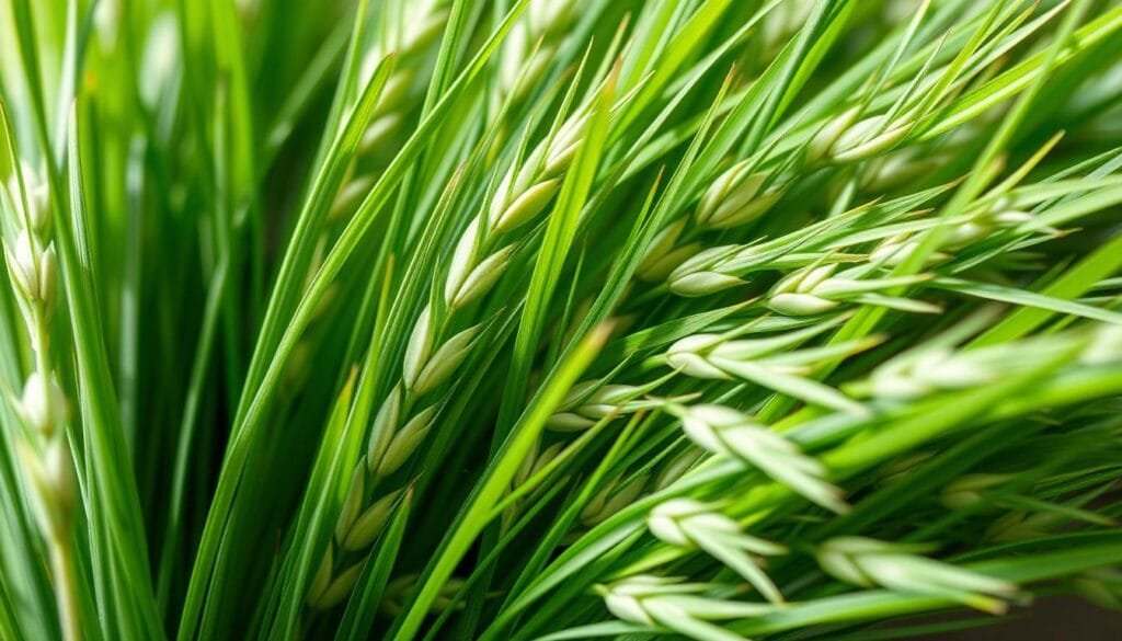 A vibrant, close-up photograph of a bundle of freshly harvested barley grass, its delicate green blades glistening under soft, natural lighting. The detailed texture of the grass is emphasized, revealing the intricate patterns and hues that contribute to its nutritional profile. The image is framed to highlight the lush, verdant qualities of the barley, conveying its healthful properties. The overall composition has a serene, peaceful atmosphere, showcasing the vital essence of this superfood in a visually captivating manner.