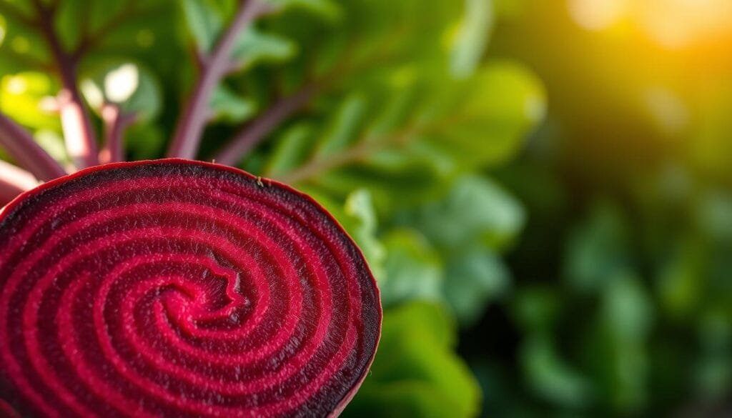 A vibrant, close-up view of a fresh beetroot cross-section, revealing the intricate patterns and vivid red-purple hues of its nutrient-rich flesh. The texture is crisp and juicy, with light reflecting off the smooth surface. Behind the beetroot, a blurred background of lush, verdant greens creates a natural, earthy atmosphere. Subtle warm lighting from the top-left casts soft shadows, highlighting the beet's deep crimson tones and emphasizing its powerful, blood-enriching properties. The overall composition is visually striking, inviting the viewer to appreciate the nutritional power of this humble root vegetable.