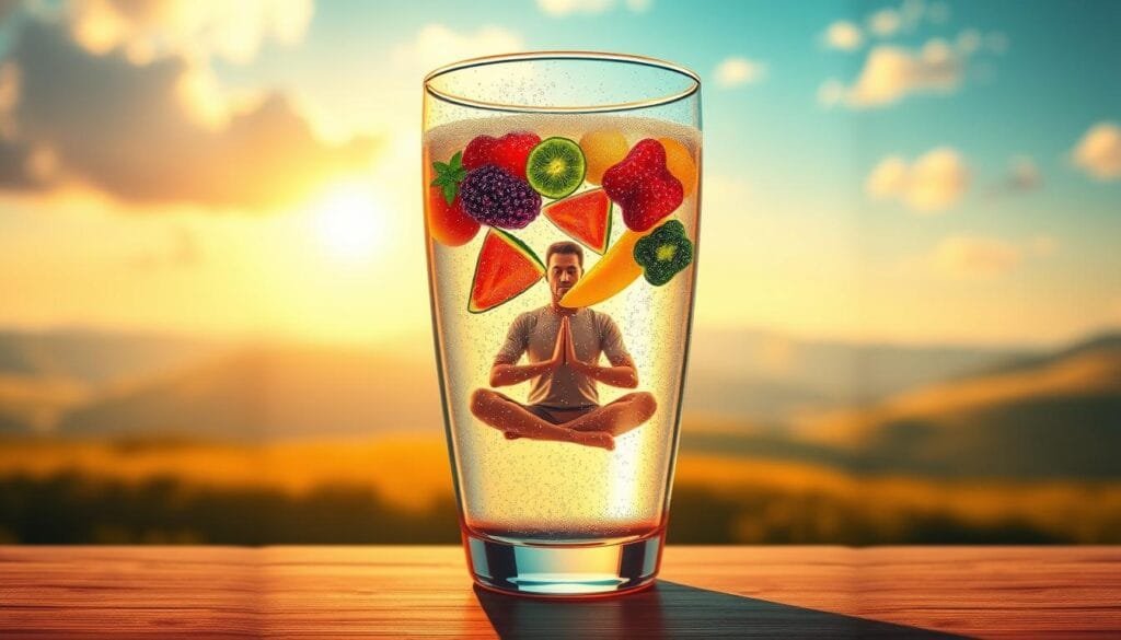A vibrant, detailed illustration depicting weight management with soluble fiber. In the foreground, a transparent glass filled with a bubbling, effervescent liquid representing a soluble fiber supplement. Floating within, colorful pieces of fruits and vegetables symbolize the natural fiber sources. The middle ground showcases a person sitting cross-legged, eyes closed in meditative pose, signifying the calming effects of improved gut health. In the background, a warm, soft-focus landscape with rolling hills and a serene sky, conveying a sense of balance and well-being. The lighting is natural and diffused, creating a soothing, wellness-focused atmosphere. Captured with a wide-angle lens to emphasize the holistic nature of the scene.