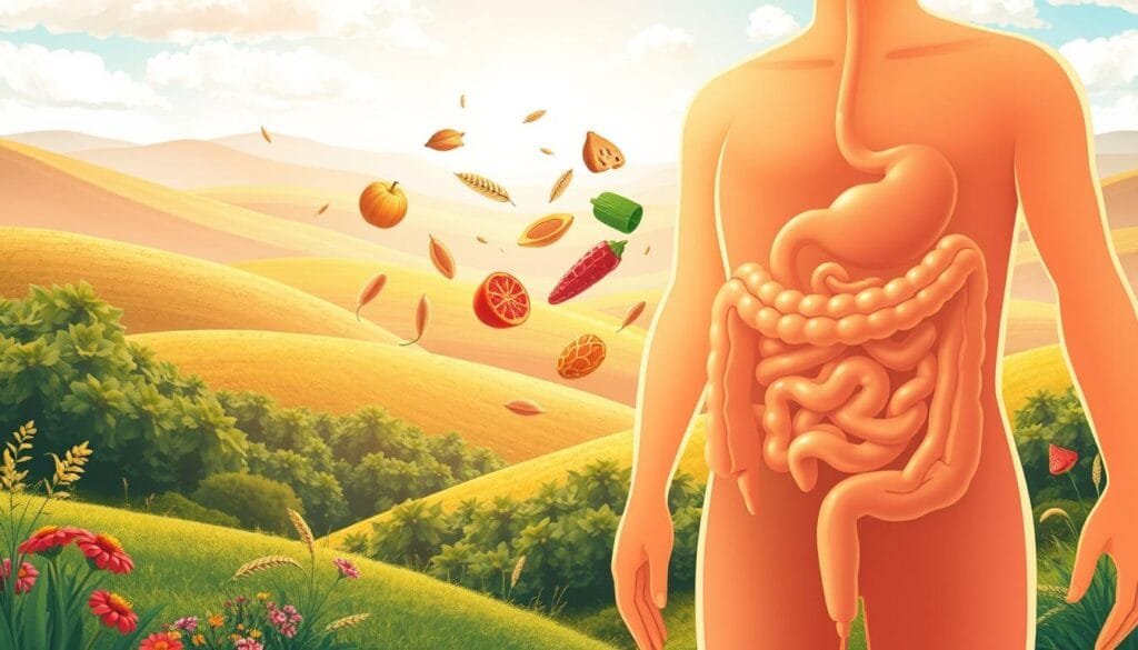 A vibrant, detailed illustration showcasing the gut health benefits of fiber. In the foreground, a stylized cross-section of the human digestive system, with a focus on the colon and intestines. The middle ground features various high-fiber foods, such as whole grains, fruits, and vegetables, floating in a soft, warm light. In the background, a soothing, nature-inspired backdrop with rolling hills, lush greenery, and a serene sky. The overall composition conveys a sense of balance, vitality, and the harmonious interaction between fiber-rich foods and a healthy gut. Rendered in a rich, naturalistic style using a wide-angle lens to capture the depth and interconnectedness of the scene.