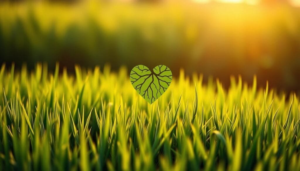 A vibrant green field of lush, verdant barley grass stretches out in the foreground, its delicate blades swaying gently in the breeze. In the center, a heart-shaped silhouette emerges, its intricate pattern of veins and arteries visible within, symbolizing the nourishing power of this superfood. The background is bathed in warm, golden light, creating a serene and tranquil atmosphere that underscores the heart-healthy benefits of this remarkable plant. Captured with a shallow depth of field, the image invites the viewer to focus on the captivating interplay between the organic forms and the life-giving essence of barley grass.