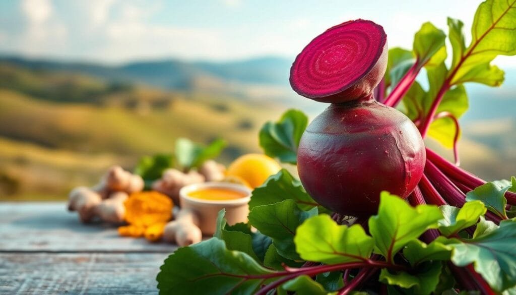 A vibrant, high-resolution image of the health benefits of beetroot detox. In the foreground, a freshly harvested beet, its deep crimson flesh glistening, surrounded by lush green leaves. In the middle ground, various detox-supporting ingredients such as ginger, turmeric, and citrus fruits, artfully arranged. The background features a soothing, blurred landscape with rolling hills and a clear blue sky, conveying a sense of wellness and rejuvenation. The lighting is soft and diffused, creating a warm, inviting atmosphere. The overall composition is balanced and visually appealing, highlighting the natural goodness and detoxifying properties of beetroot juice.