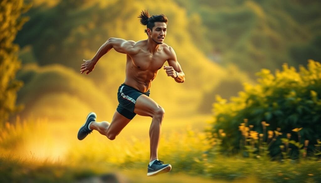 A vibrant, hyper-realistic rendering of an athlete mid-stride, their muscles rippling with power and energy. The foreground dominates, showcasing the runner's toned physique and determined expression as they push the limits of their endurance. The middle ground blurs into a lush, verdant landscape bathed in warm, golden lighting, evoking a sense of natural vitality and performance enhancement. The background fades into a soft, ethereal haze, creating a dreamlike, aspirational atmosphere. The composition emphasizes clean lines, dynamic movement, and a seamless integration of the human form with the natural world, capturing the essence of peak athletic performance.