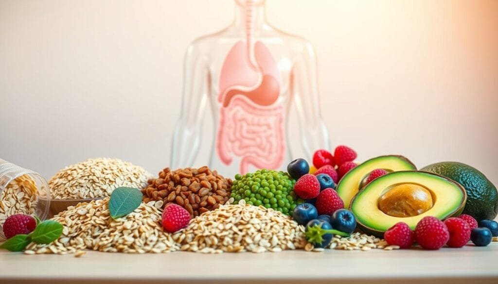 A vibrant illustration of soluble fiber's role in preventing chronic diseases. In the foreground, an array of nutrient-rich foods - oats, lentils, avocados, and berries - form a healthy, balanced meal. Soft, warm lighting casts a comforting glow, while a clean, minimalist background allows the subject to shine. The middle ground features a transparent human digestive system, highlighting the beneficial impact of soluble fiber on gut health and overall wellbeing. The scene conveys a sense of wellness, balance, and the power of natural, wholesome nutrition to support long-term disease prevention.
