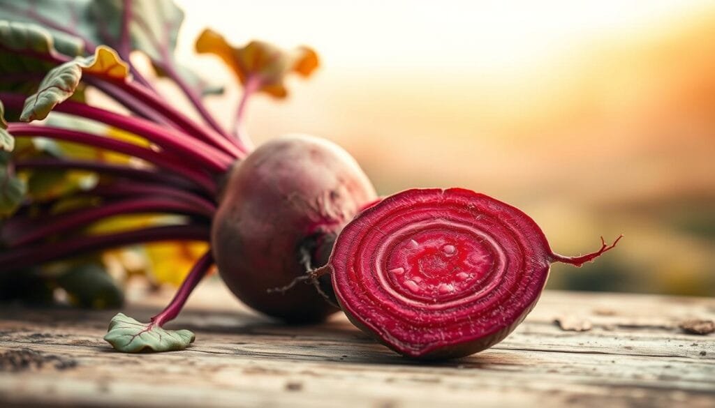 A vibrant red beetroot, its earthy hues glistening under warm, diffused lighting. Delicate leaves unfurl from the root, their veins tracing intricate patterns. In the foreground, a cross-section of the beetroot reveals its deep crimson flesh, showcasing the rich pigments that possess anti-inflammatory properties. The background is a soft, blurred landscape, hinting at the wellness and natural setting. A sense of balance and harmony permeates the scene, conveying the beetroot's role in averting oxidative stress and promoting overall well-being.