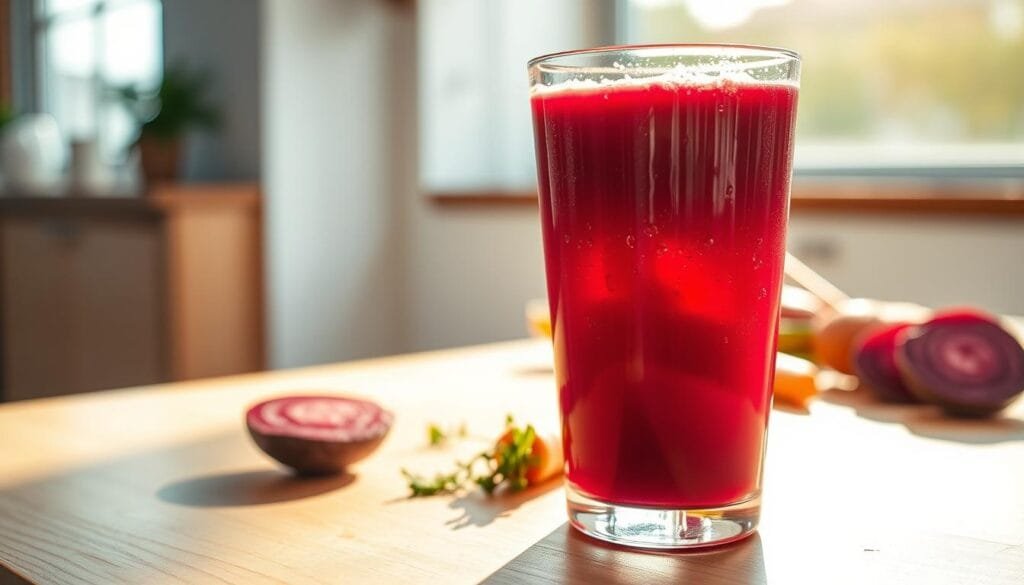 A vibrant scene of the optimal time to enjoy a refreshing beetroot and carrot juice. The foreground features a glass filled with the deep burgundy-orange liquid, condensation glistening on the sides. Sunlight streams through a window, casting a warm glow across the scene. In the middle ground, a wooden table surface provides a natural backdrop, with a few sliced beets and carrots arranged artfully nearby. The background suggests an airy, minimalist kitchen setting, with clean lines and subtle textures. The overall mood is one of health, vitality, and the perfect moment to savor the nourishing benefits of this vibrant vegetable juice.