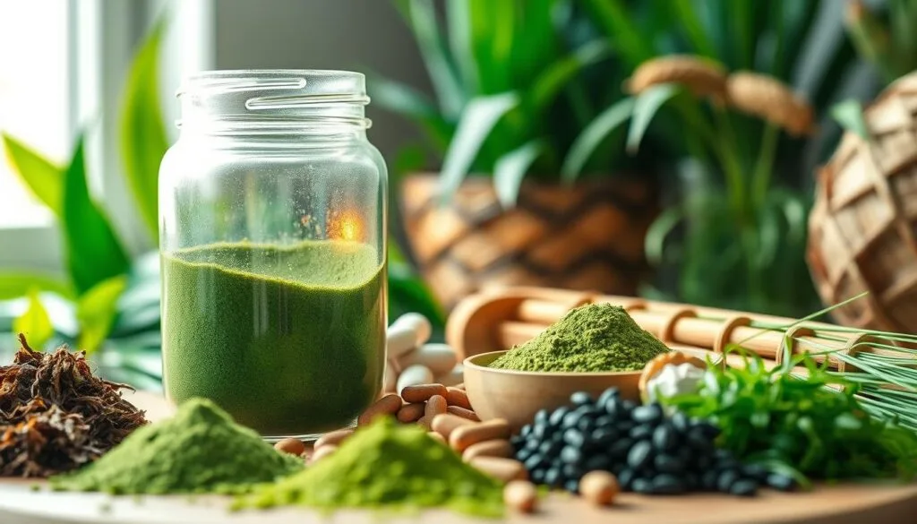 A vibrant scene showcasing the health benefits of natural supplements. In the foreground, an assortment of organic superfoods like spirulina, wheatgrass, and barley grass powder are arranged artfully. The middle ground features a glass jar filled with the rich green powder, casting a warm glow from natural daylight filtering through a window. In the background, lush greenery and natural textures create a soothing, serene atmosphere. The lighting is soft and diffused, accentuating the vibrant colors and textures of the ingredients. The overall composition conveys a sense of wellness, vitality, and the power of nature-based supplements.