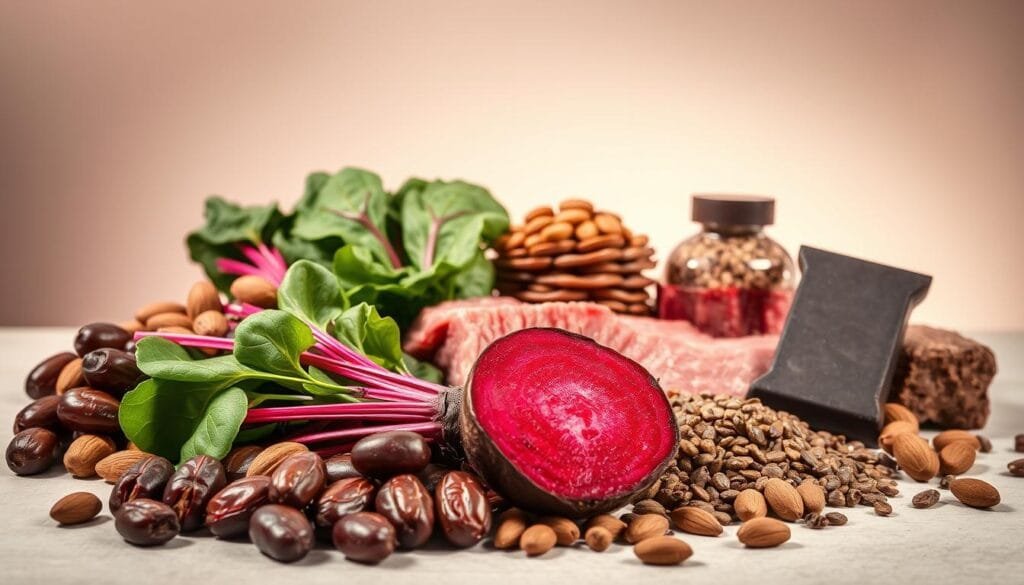 A vibrant still life arrangement showcasing a diverse selection of iron-rich foods against a soft, muted background. In the foreground, a juicy, crimson-hued beet takes center stage, flanked by a pile of fresh spinach leaves, a handful of plump dates, and a scattering of roasted almonds. The middle ground features a stack of sliced beef, a few scoops of cooked lentils, and a wedge of dark chocolate. Warm, directional lighting casts gentle shadows, accentuating the rich hues and textures of the ingredients. The overall composition exudes a sense of nutritious abundance, inviting the viewer to explore the power of these hemoglobin-boosting foods.