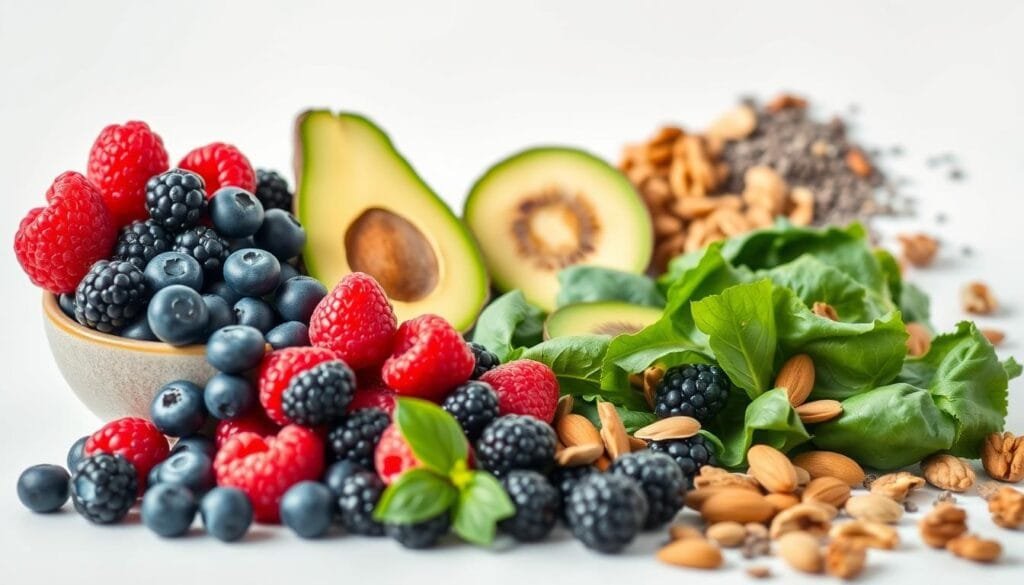 A vibrant still life arrangement showcasing a diverse selection of top antioxidant-rich superfoods, set against a clean, minimalist background. In the foreground, an array of fresh berries - blueberries, raspberries, and blackberries - spilling out of a ceramic bowl. In the middle ground, sliced avocado, kiwi, and leafy greens like spinach and kale. In the background, a scattering of nuts and seeds, including almonds, walnuts, and chia. Soft, natural lighting highlights the vivid colors and textures of the ingredients, creating an appealing, appetizing scene that captures the essence of antioxidant-rich superfoods. The overall composition is balanced, cohesive, and visually engaging, inviting the viewer to explore the wealth of nutritional benefits these wholesome foods offer.