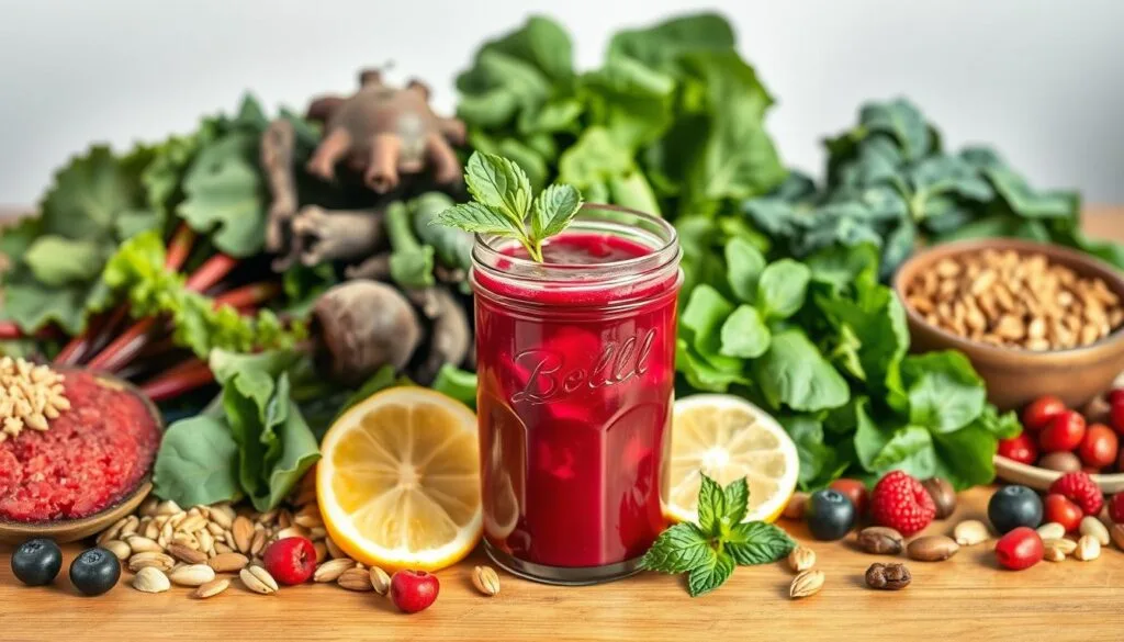 A vibrant still life featuring an array of nutrient-rich foods commonly associated with menstrual health. In the foreground, a glass jar filled with deep red beetroot juice takes center stage, accompanied by a wedge of lemon and a sprig of fresh mint. Surrounding it, an assortment of superfoods such as leafy greens, berries, nuts, and seeds are artfully arranged on a wooden table, bathed in soft, natural lighting. The image conveys a sense of nourishment, balance, and the intentional incorporation of ingredients believed to alleviate period-related symptoms.