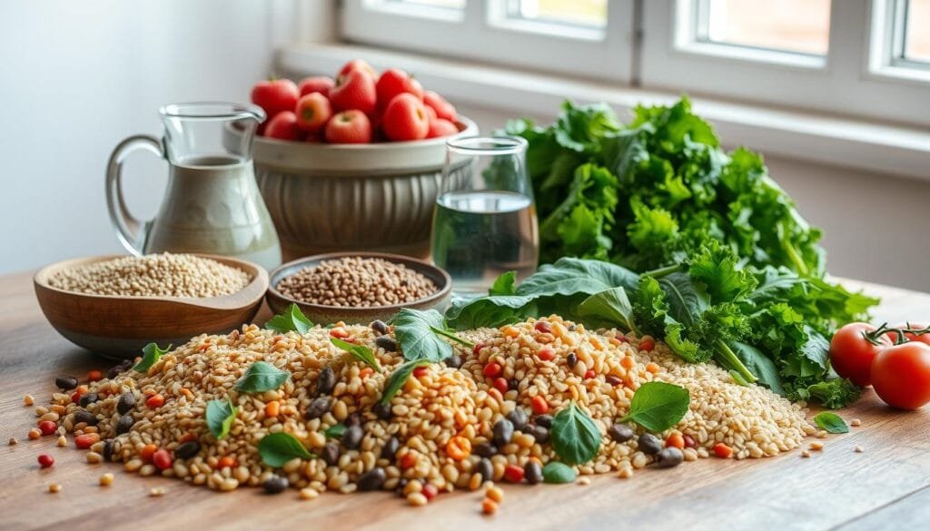A vibrant still life of a fiber-rich meal, captured in soft, natural lighting. In the foreground, a wooden table holds a variety of whole grains, legumes, and leafy greens, arranged in an artful composition. The middle ground features a glass pitcher of fresh water, complemented by a rustic ceramic bowl brimming with colorful berries. In the background, a window frames a serene outdoor scene, hinting at the connection between this nourishing spread and the natural world. The overall mood is one of simplicity, balance, and a celebration of the wholesome goodness of a fiber-rich diet.
