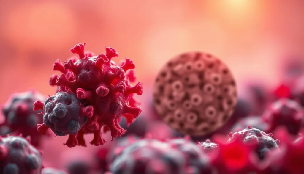 A vibrant visual exploration of betanin's impact on diverse cancer types. In the foreground, a cluster of cancer cells in various states of distress, their growth stunted by the vivid crimson hue of betanin. In the middle ground, a microscopic view reveals the intricate cellular interactions, as the natural compound disrupts the proliferation pathways. The background showcases a soft, ethereal gradient, evoking the delicate balance of natural and synthetic elements. Warm, directional lighting casts an inviting glow, while a shallow depth of field focuses the viewer's attention on the core subject matter. An artistic representation of the power of nature-derived compounds to modulate the progression of complex diseases.