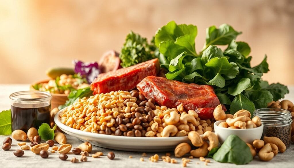 A vibrant, warmly lit still life showcasing a variety of iron-rich foods against a soft, blurred background. In the foreground, a plate displays an assortment of leafy greens, lentils, red meat, and fortified cereals. Surrounding the plate, various whole foods like spinach, cashews, and blackstrap molasses are arranged artfully. The lighting casts a golden, natural glow, highlighting the rich colors and textures of the ingredients. The composition emphasizes the diversity of nutrient-dense options available to naturally boost iron absorption, creating an inviting and appetizing scene.