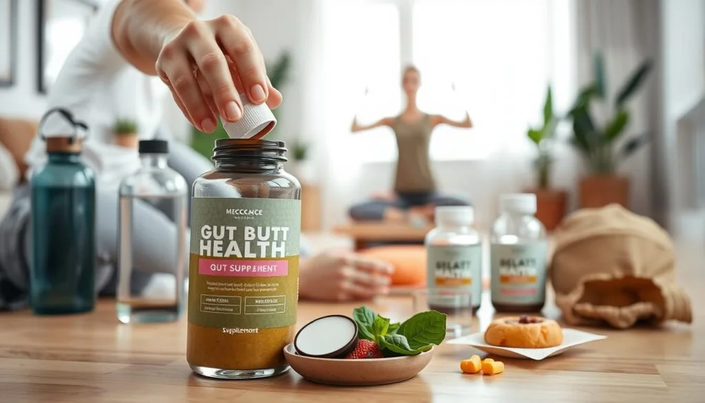 A well-lit, high-resolution image of a person's daily routine incorporating various wellness products. In the foreground, a person is shown adding a gut health supplement to a glass of water or smoothie, surrounded by other wellness items like a yoga mat, a water bottle, and a healthy snack. In the middle ground, the person is seen exercising or practicing mindfulness, with a clean, modern interior setting in the background, featuring natural elements like plants and natural light. The image conveys a sense of balance, health, and intentionality, highlighting the integration of gut health supplements into an overall wellness routine.