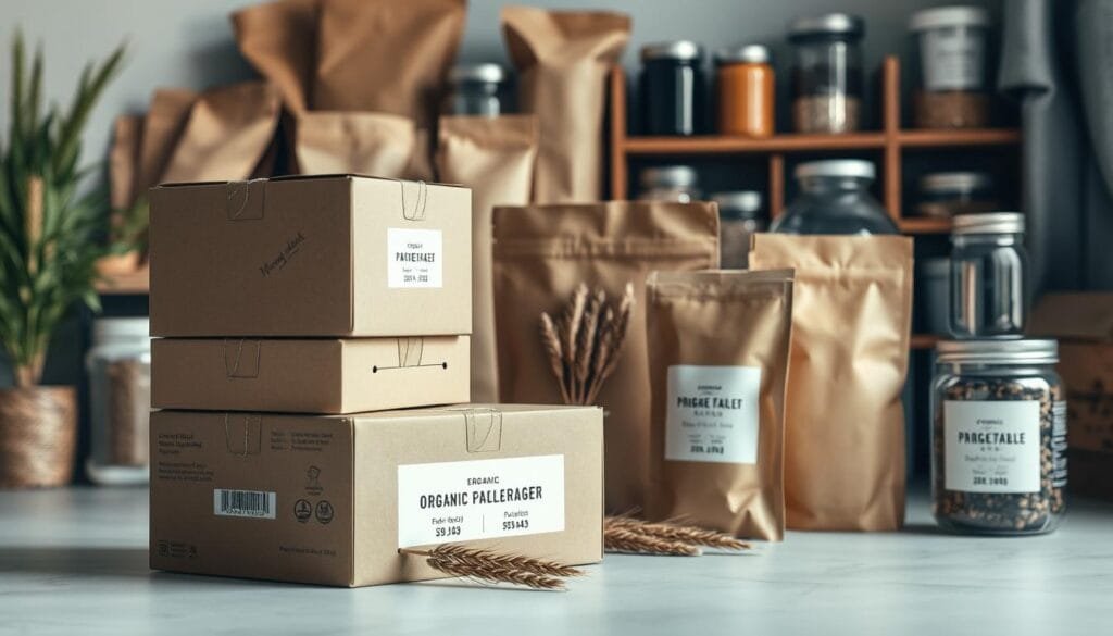 A well-lit, high-resolution photograph showcasing a variety of sustainable packaging options for organic barley products. In the foreground, a stack of sturdy, eco-friendly cardboard boxes with minimalist labeling and vegetable-based inks. Positioned behind them, a series of compostable paper bags and pouches in natural tones, accented by sprigs of fresh barley. In the background, a display of refillable glass jars and aluminum canisters, conveying a sense of modern, responsible consumerism. The lighting is soft and natural, highlighting the textures and materials used in this sustainable packaging initiative. The overall mood is one of environmental consciousness, simplicity, and a commitment to reducing waste.