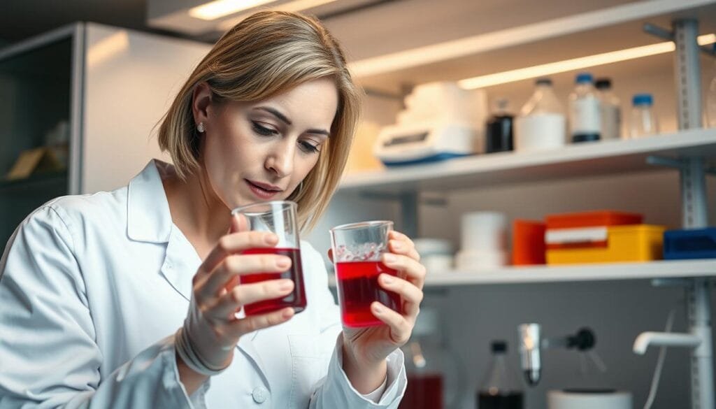A well-lit medical research laboratory setting, with a scientist in a white lab coat carefully examining a glass beaker filled with a reddish-purple liquid, likely beetroot extract. In the background, shelves of scientific equipment and instruments, creating an atmosphere of clinical study and investigation. Soft, directional lighting illuminates the scene, casting subtle shadows and highlighting the focused expression of the researcher. The overall mood is one of scientific curiosity and the pursuit of understanding the potential health benefits of dietary nitrates, as might be found in beetroot, for post-menopausal women.