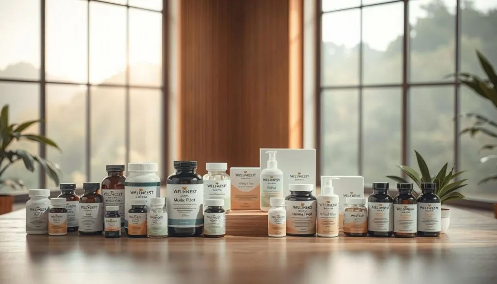 A well-lit studio scene showcasing an assortment of premium wellness products from Wellness Concept Malaysia. In the foreground, an array of meticulously crafted supplements and herbal remedies, each bottle and package designed with a modern, minimalist aesthetic. The middle ground features a clean, wooden display table, while the background depicts a softly blurred, natural landscape through a large window, creating a sense of tranquility and balance. The lighting is warm and diffused, highlighting the high-quality materials and attention to detail in the product design. The overall atmosphere evokes a feeling of trust, health, and a holistic approach to wellbeing. A well-lit studio scene showcasing an assortment of premium wellness products from Wellness Concept Malaysia. In the foreground, an array of meticulously crafted supplements and herbal remedies, each bottle and package designed with a modern, minimalist aesthetic. The middle ground features a clean, wooden display table, while the background depicts a softly blurred, natural landscape through a large window, creating a sense of tranquility and balance. The lighting is warm and diffused, highlighting the high-quality materials and attention to detail in the product design. The overall atmosphere evokes a feeling of trust, health, and a holistic approach to wellbeing.