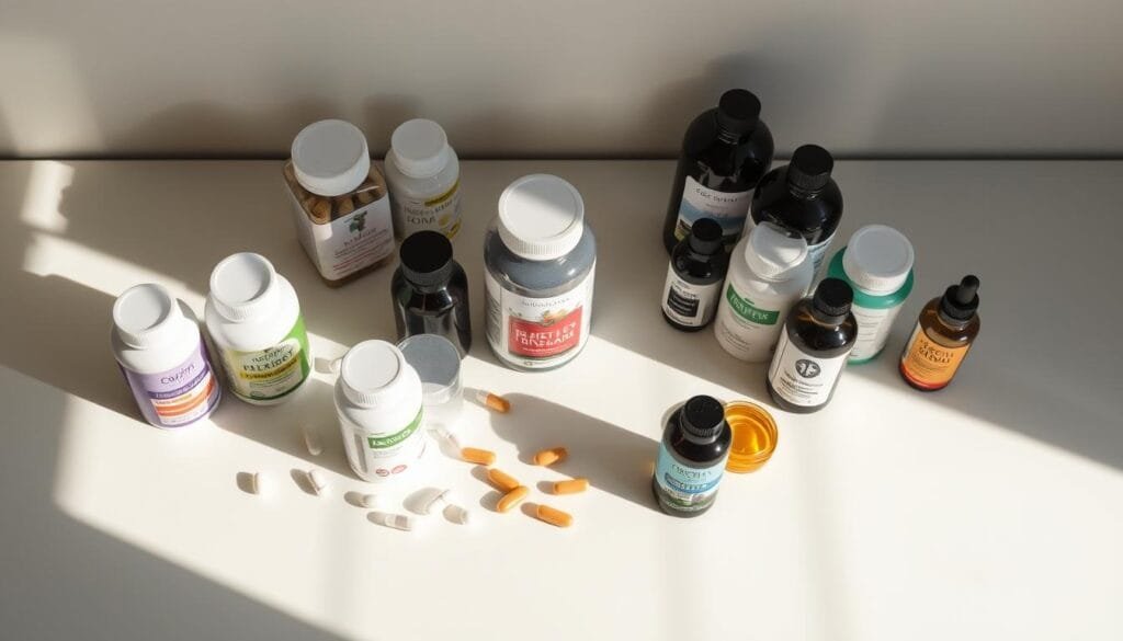 A well-lit table showcasing an assortment of immune-boosting supplements, including bottled capsules, powders, and liquid tinctures, arranged in a thoughtful composition. The items are photographed from a high angle, casting long shadows that create depth and dimension. The backdrop is a simple, neutral color, allowing the supplements to take center stage. The overall mood is one of informed decision-making, with the supplements presented as options to consider for optimal health and immunity.