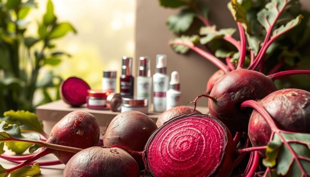Detailed, photorealistic image of vibrant beetroots in the foreground, showcasing their rich, earthy tones and distinct texture. The beetroots are arranged in an aesthetically pleasing manner, highlighting their natural beauty. In the middle ground, there is a serene, minimalist skin care product display featuring various beetroot-infused skin care items, such as face creams, serums, and masks, all bathed in soft, diffused lighting. The background depicts a soothing, natural environment, perhaps a lush garden or a tranquil spa setting, to convey the wellness and rejuvenation associated with beetroot-based skin care. The overall composition and lighting evoke a sense of purity, nourishment, and the restorative power of nature.