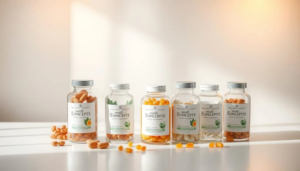 Elegant glass bottles filled with nature-inspired wellness supplements, arranged on a minimalist white table. Warm, diffused lighting creates a serene, high-quality atmosphere. Soft shadows and reflections add depth and dimension. The composition showcases the purity and sophistication of the Wellness Concept brand, conveying a sense of natural health and wellbeing. The focus is on the product presentation, with a clean, uncluttered background that allows the supplements to take center stage. Elegant glass bottles filled with nature-inspired wellness supplements, arranged on a minimalist white table. Warm, diffused lighting creates a serene, high-quality atmosphere. Soft shadows and reflections add depth and dimension. The composition showcases the purity and sophistication of the Wellness Concept brand, conveying a sense of natural health and wellbeing. The focus is on the product presentation, with a clean, uncluttered background that allows the supplements to take center stage.