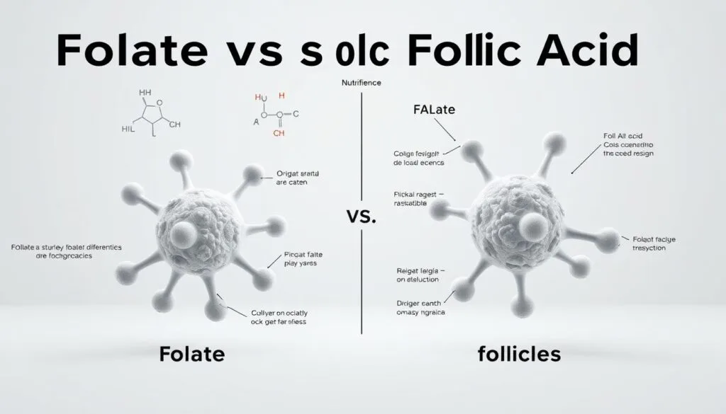 Folate vs folic acid comparison: a detailed scientific illustration showcasing the molecular structures and key differences between these two essential nutrients. Crisp, high-resolution rendering with a neutral color palette and clean, minimalist background. Foreground features photorealistic 3D models of the folate and folic acid molecules, highlighted and annotated to emphasize their distinct chemical compositions and biological functions. Middle ground includes supporting visual elements like molecular diagrams, nutritional facts, and textual labels to provide context. Subtle back lighting creates depth and emphasizes the subject, capturing the educational and informative nature of this illustration.
