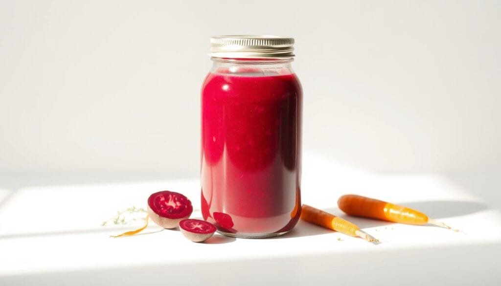 Photorealistic image of a glass jar filled with a vibrant beetroot and carrot juice mixture, set against a clean white background. The jar has a metal lid and is positioned slightly off-center, casting soft shadows. Warm, natural lighting illuminates the scene, highlighting the rich ruby-red color of the juice and the subtle orange hues of the carrots. The composition is balanced, with the jar taking up the majority of the frame, and the background providing a clean, minimalist backdrop to showcase the product. The overall mood is one of purity, health, and natural goodness.