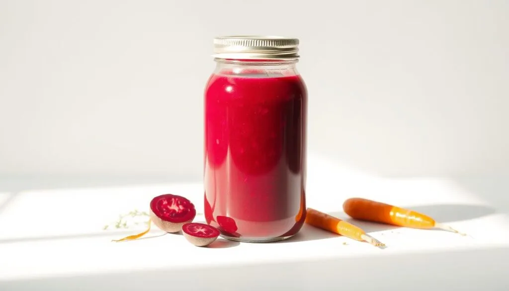 Photorealistic image of a glass jar filled with a vibrant beetroot and carrot juice mixture, set against a clean white background. The jar has a metal lid and is positioned slightly off-center, casting soft shadows. Warm, natural lighting illuminates the scene, highlighting the rich ruby-red color of the juice and the subtle orange hues of the carrots. The composition is balanced, with the jar taking up the majority of the frame, and the background providing a clean, minimalist backdrop to showcase the product. The overall mood is one of purity, health, and natural goodness.