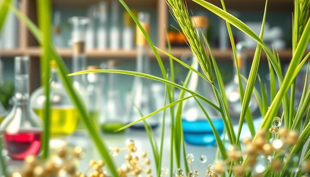 a detailed high-resolution scientific illustration of barley grass in a laboratory setting, featuring a close-up view of barley grass blades and stems with a microscopic examination of their cellular structure and chemical composition, set against a background of scientific equipment and glassware, including test tubes, beakers, and Bunsen burners, with soft, directional lighting and a depth of field that emphasizes the intricate details of the plant material, conveying a sense of academic study and research into the nutritional and medicinal properties of this superfood