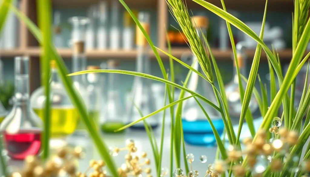 a detailed high-resolution scientific illustration of barley grass in a laboratory setting, featuring a close-up view of barley grass blades and stems with a microscopic examination of their cellular structure and chemical composition, set against a background of scientific equipment and glassware, including test tubes, beakers, and Bunsen burners, with soft, directional lighting and a depth of field that emphasizes the intricate details of the plant material, conveying a sense of academic study and research into the nutritional and medicinal properties of this superfood a detailed high-resolution scientific illustration of barley grass in a laboratory setting, featuring a close-up view of barley grass blades and stems with a microscopic examination of their cellular structure and chemical composition, set against a background of scientific equipment and glassware, including test tubes, beakers, and Bunsen burners, with soft, directional lighting and a depth of field that emphasizes the intricate details of the plant material, conveying a sense of academic study and research into the nutritional and medicinal properties of this superfood