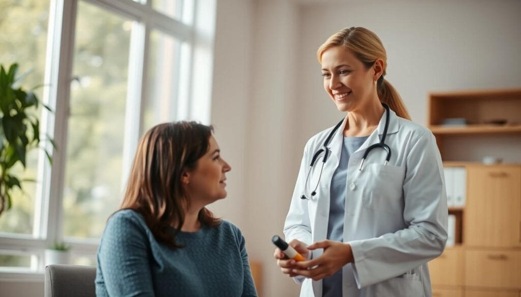 a professional woman in a medical office or clinic setting, wearing a white lab coat and stethoscope, standing next to a patient and discussing iron supplements or iron-rich foods; the patient is seated and appears attentive, the doctor has a caring and knowledgeable expression; the office is well-lit with natural light coming in through large windows, creating a warm and inviting atmosphere; the focus is on the interaction between the doctor and patient, with the background blurred to emphasize the consultation; the overall mood is one of trust, expertise, and personalized medical guidance.