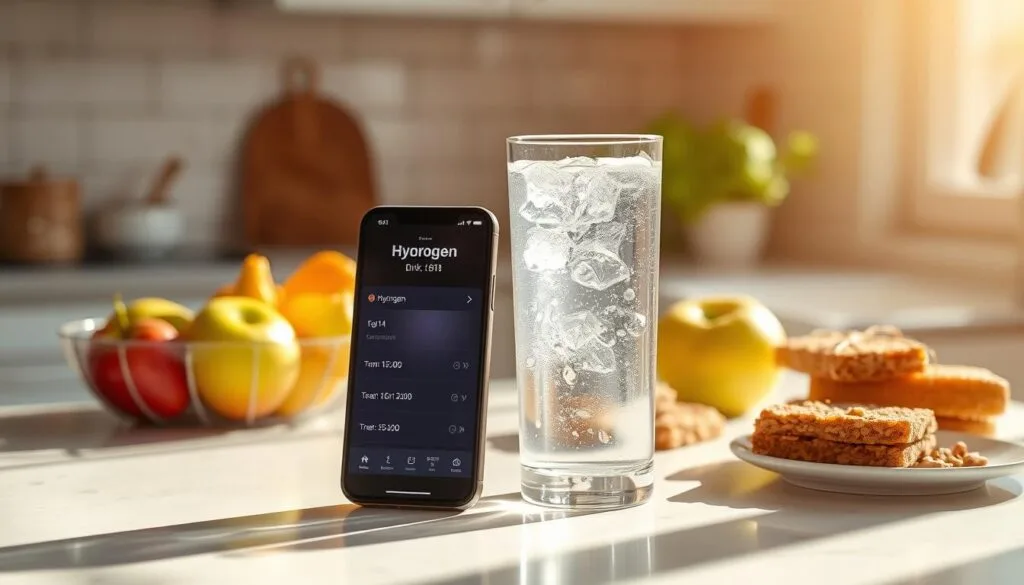 A bright, sun-lit kitchen counter with a glass of clear water next to a variety of healthy snacks - fresh fruit, granola bars, and a smartphone displaying a schedule. The water has a subtle, effervescent glow, indicating its hydrogen-rich properties. The scene exudes a sense of mindfulness and wellness, with the optimal drinking times of hydrogen water highlighted on the phone's screen. A warm, inviting atmosphere with soft shadows and natural lighting creates a tranquil, relaxing mood.