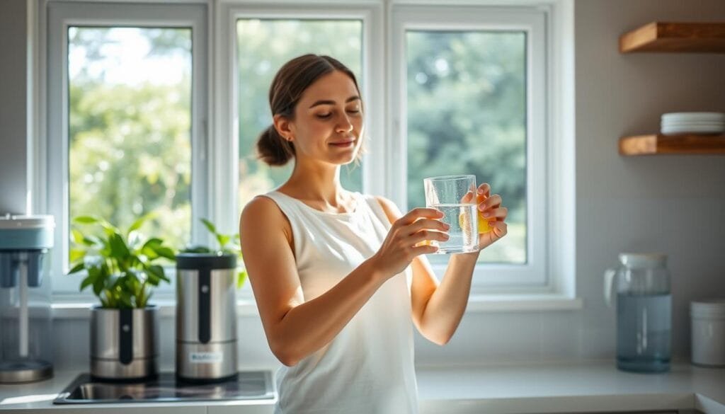 A bright, sunlit kitchen scene with a person standing at a kitchen counter, holding a glass of clear water in one hand and a lemon in the other. The countertop is neatly organized with various health-conscious items like a water filter, a pitcher of water, and a glass. In the background, a window overlooking a lush green garden. The lighting is soft and natural, highlighting the person's peaceful and focused expression as they prepare their morning hydrogen water routine. The atmosphere conveys a sense of wellness, mindfulness, and a healthy daily ritual.