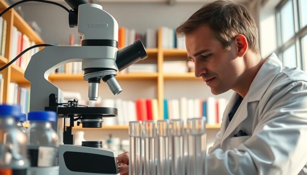A bright, well-lit laboratory setting with state-of-the-art scientific equipment. In the foreground, a researcher in a white coat is carefully analyzing a sample under a high-powered microscope, their face focused and intent. In the middle ground, there is a row of test tubes filled with a clear liquid, likely water samples. In the background, shelves of scientific journals and reference materials line the walls, conveying a sense of academic rigor and pursuit of knowledge. The scene is bathed in a warm, natural light, lending an air of discovery and scientific inquiry. The overall atmosphere is one of precise, methodical research into the properties and effects of hydration.