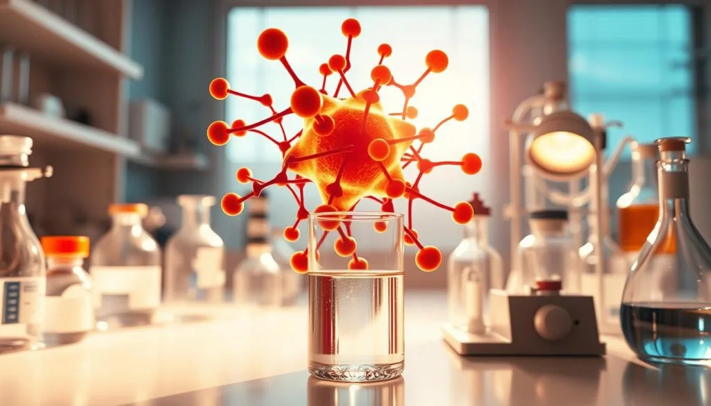 A brightly lit laboratory setting, with a central focus on a molecular structure representing oxidative stress, featuring an intricate network of overlapping shapes and lines in shades of red, orange, and yellow, conveying the damaging effects of free radicals. In the foreground, a clear glass beaker filled with a shimmering, iridescent liquid, symbolizing the powerful antioxidant properties of hydrogen water. Surrounding the central composition, scientific equipment and instrumentation, meticulously rendered in a clean, modern aesthetic, creating a sense of scientific investigation and discovery. The overall scene is bathed in a warm, diffused lighting, emphasizing the interplay between the oxidative stress and the protective capabilities of the hydrogen water.