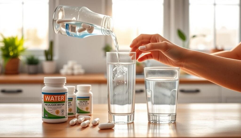 A clean, well-lit kitchen counter with a clear glass of water and various health supplements in the foreground. In the middle ground, a person's hands pouring hydrogen-infused water into a glass, with a tablet or capsule dissolving in the water. The background features bright, natural lighting from large windows, with potted plants and a minimalist, wellness-inspired decor. The overall mood is calm, informative, and focused on practical tips for maximizing the benefits of hydrogen water.