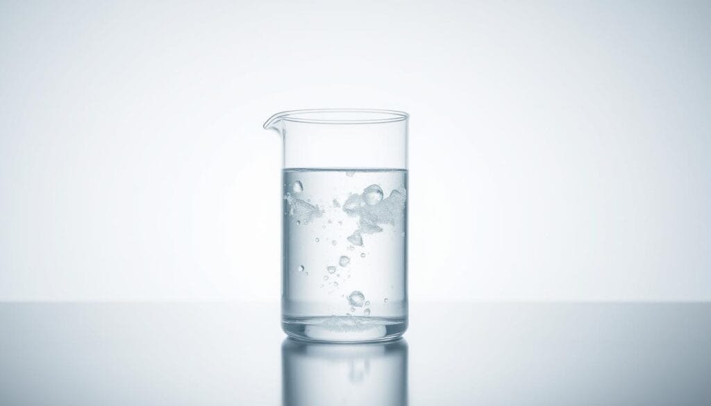 A clean, well-lit laboratory setting with a clear glass beaker filled with sparkling, crystal-clear water. The beaker is placed on a sleek, metallic surface, reflecting the surroundings. Soft, directional lighting illuminates the scene, creating subtle shadows and highlights that accentuate the transparency of the water. The background is a crisp, minimalist white, allowing the water sample to be the focal point. The overall mood is one of scientific precision and clarity, inviting the viewer to closely examine the contents of the beaker.