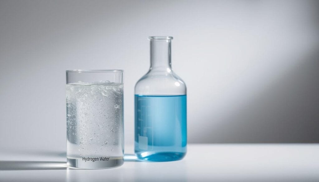 A clean, well-lit laboratory setting with two glass beakers containing different liquids. In the foreground, a beaker filled with clear, sparkling water represents "hydrogen water". In the middle ground, another beaker contains a slightly bluish-tinged "alkaline water". The liquids are set against a neutral gray background, allowing the colors and textures to stand out. Soft, diffused lighting from above casts subtle shadows, creating depth and emphasizing the visual contrast between the two water samples. The composition is balanced, drawing the viewer's attention to the central comparison between the two types of water.