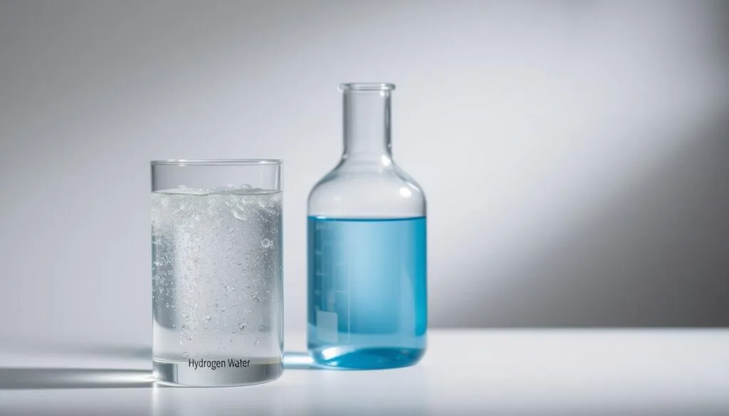 A clean, well-lit laboratory setting with two glass beakers containing different liquids. In the foreground, a beaker filled with clear, sparkling water represents "hydrogen water". In the middle ground, another beaker contains a slightly bluish-tinged "alkaline water". The liquids are set against a neutral gray background, allowing the colors and textures to stand out. Soft, diffused lighting from above casts subtle shadows, creating depth and emphasizing the visual contrast between the two water samples. The composition is balanced, drawing the viewer's attention to the central comparison between the two types of water.