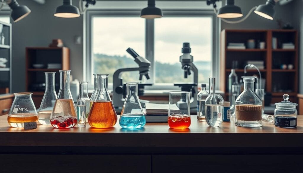A clean, well-lit laboratory setting with various scientific equipment and glassware on a sturdy wooden table. In the foreground, a series of transparent beakers and test tubes filled with bubbling, colorful solutions, representing different molecular compounds. In the middle ground, a sleek, modern microscope and a few scientific journals, hinting at the research and analysis being conducted. The background features a large window overlooking a serene, natural landscape, creating a calming and inspiring atmosphere. Soft, diffused lighting from multiple sources illuminates the scene, emphasizing the intricate details of the scientific apparatus and the clarity of the molecular solutions. The overall mood is one of thoughtful exploration and the pursuit of practical, wellness-enhancing knowledge.