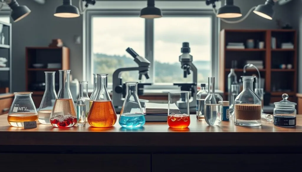 A clean, well-lit laboratory setting with various scientific equipment and glassware on a sturdy wooden table. In the foreground, a series of transparent beakers and test tubes filled with bubbling, colorful solutions, representing different molecular compounds. In the middle ground, a sleek, modern microscope and a few scientific journals, hinting at the research and analysis being conducted. The background features a large window overlooking a serene, natural landscape, creating a calming and inspiring atmosphere. Soft, diffused lighting from multiple sources illuminates the scene, emphasizing the intricate details of the scientific apparatus and the clarity of the molecular solutions. The overall mood is one of thoughtful exploration and the pursuit of practical, wellness-enhancing knowledge. A clean, well-lit laboratory setting with various scientific equipment and glassware on a sturdy wooden table. In the foreground, a series of transparent beakers and test tubes filled with bubbling, colorful solutions, representing different molecular compounds. In the middle ground, a sleek, modern microscope and a few scientific journals, hinting at the research and analysis being conducted. The background features a large window overlooking a serene, natural landscape, creating a calming and inspiring atmosphere. Soft, diffused lighting from multiple sources illuminates the scene, emphasizing the intricate details of the scientific apparatus and the clarity of the molecular solutions. The overall mood is one of thoughtful exploration and the pursuit of practical, wellness-enhancing knowledge.