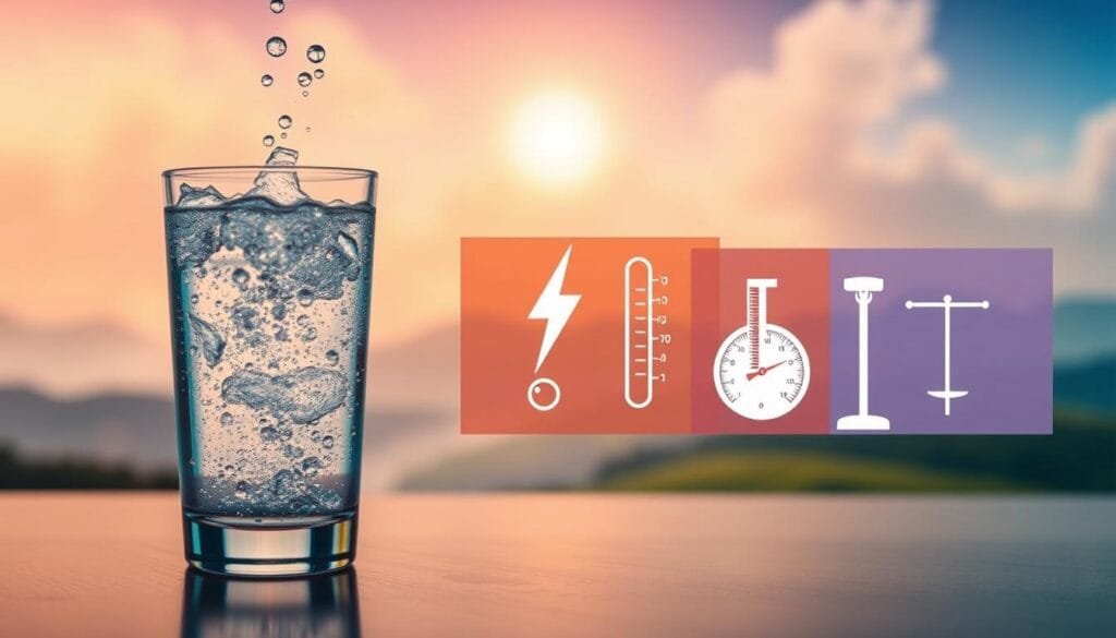 A colorful collage depicting common misconceptions about hydrogen-infused water. In the foreground, a glass of sparkling water with rising bubbles, symbolizing the supposed "oxygenation" or "electrification" claims. In the middle ground, contrasting icons representing other myths - a lightning bolt for increased energy, a thermometer for improved body temperature, and a scale for weight loss. In the background, a hazy, dreamlike landscape suggestive of the pseudo-scientific aura surrounding these unsubstantiated benefits. Soft, diffused lighting casts a warm, inviting glow, drawing the viewer in while hinting at the lack of solid scientific evidence behind these hydrogen water myths.