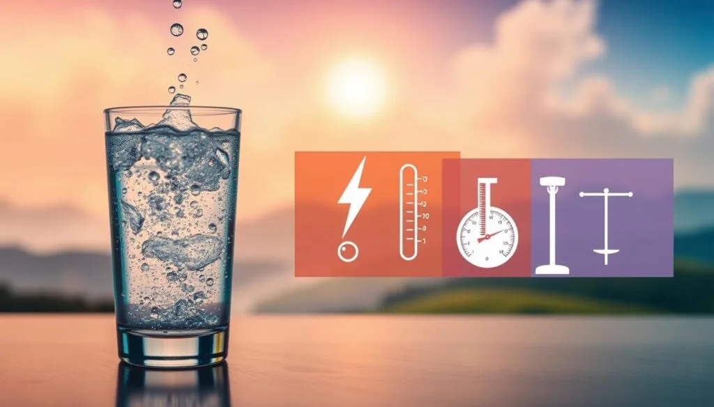 A colorful collage depicting common misconceptions about hydrogen-infused water. In the foreground, a glass of sparkling water with rising bubbles, symbolizing the supposed "oxygenation" or "electrification" claims. In the middle ground, contrasting icons representing other myths - a lightning bolt for increased energy, a thermometer for improved body temperature, and a scale for weight loss. In the background, a hazy, dreamlike landscape suggestive of the pseudo-scientific aura surrounding these unsubstantiated benefits. Soft, diffused lighting casts a warm, inviting glow, drawing the viewer in while hinting at the lack of solid scientific evidence behind these hydrogen water myths.